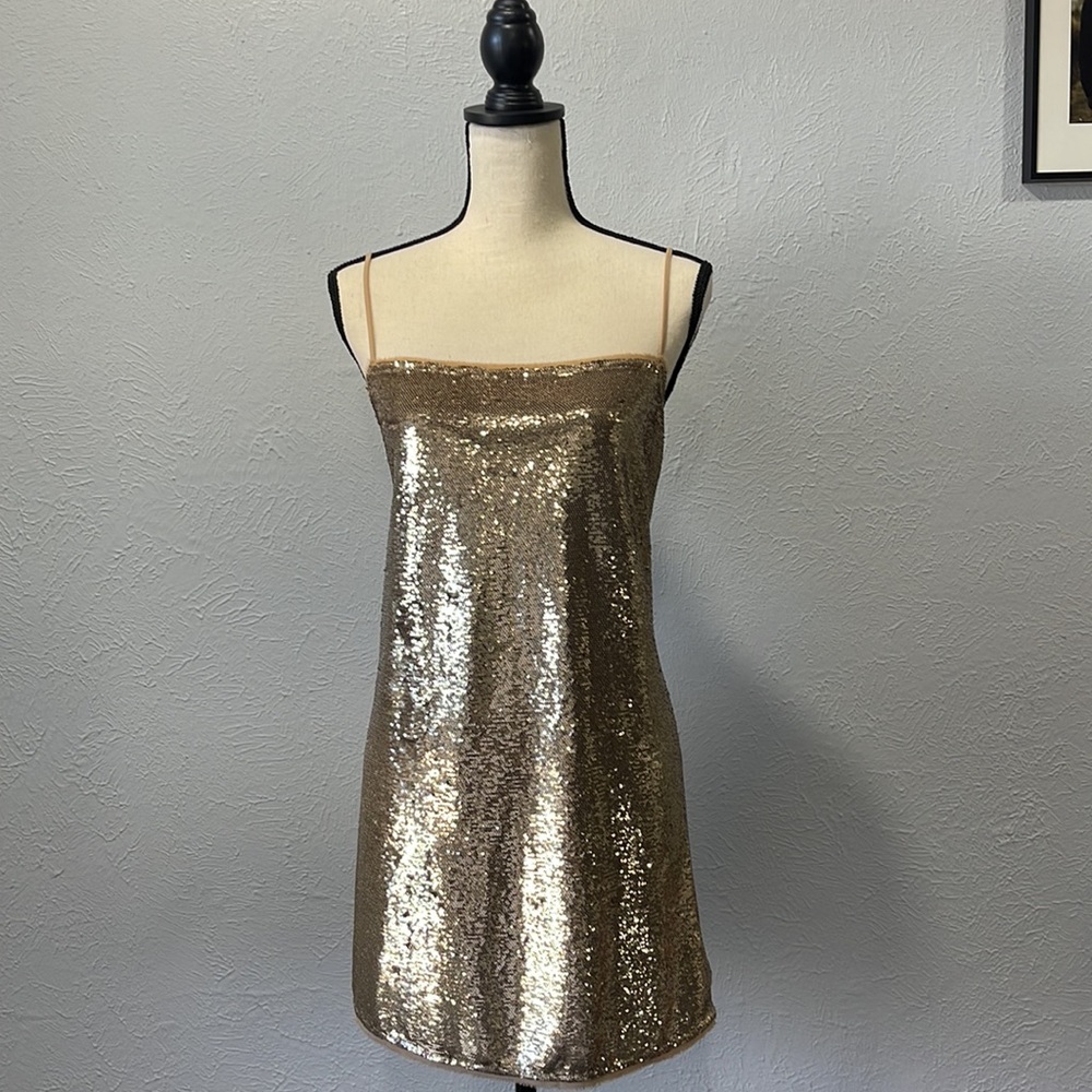 Free People Time to Shine Gold Sequin Slip Dress (Large)